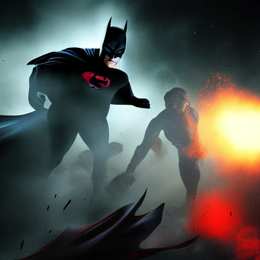 Batman throwing a smoke grenade while Superman uses his heat vision to blast a group of aliens charging at them.